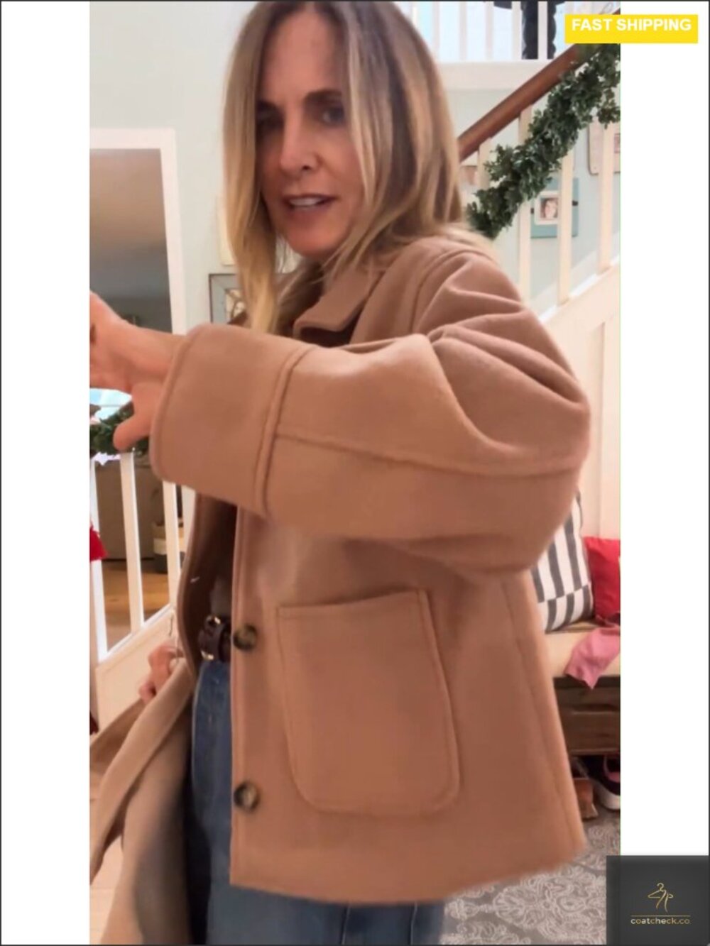 Wool-Blend Cropped Pea Coat Boxy Fit Casual Short Jacket - Picture 6 of 6